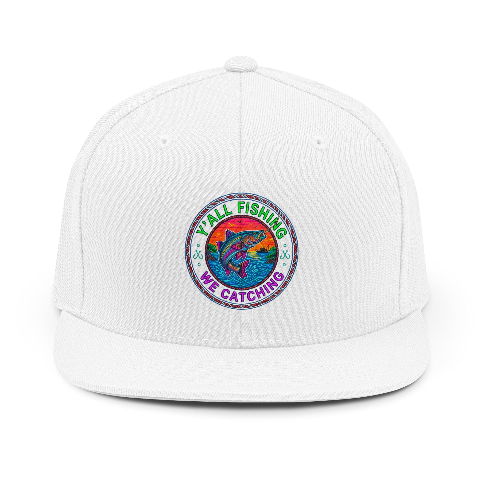 Fishing Snapback Hat — "Y'all Fishing We Catchin'" Colorful Trout Patch