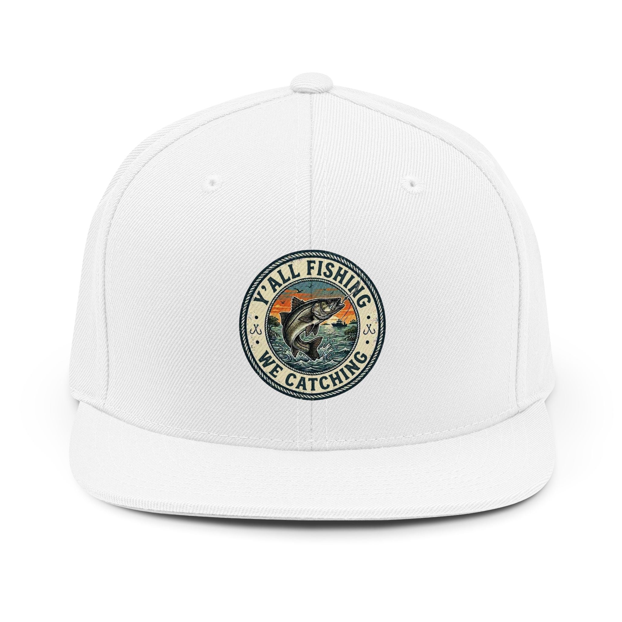Fishing Snapback Hat — Y'all Fishing We Catchin' Embroidered Trucker Cap