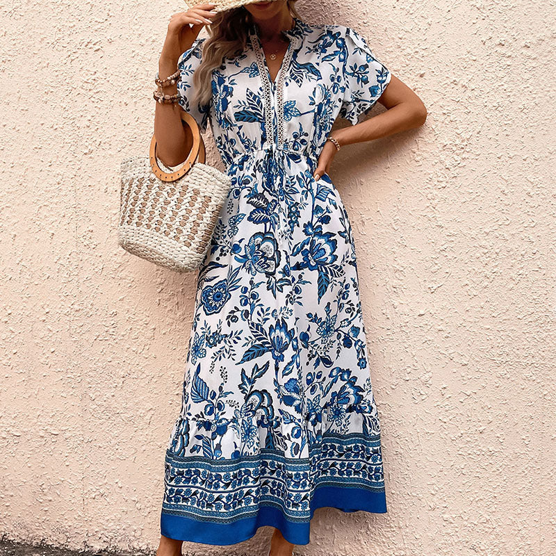 Summer Women Clothing Blue Printed Dress Slimming