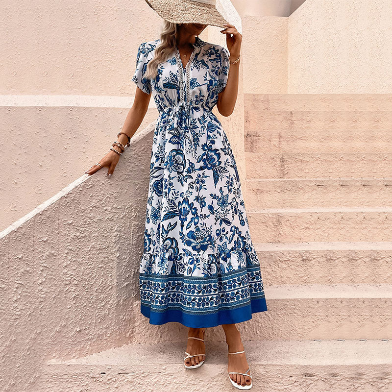 Summer Women Clothing Blue Printed Dress Slimming